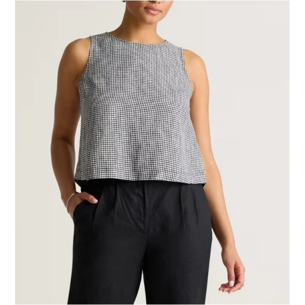 Quince Women's Classic Mini Gingham European Linen Cropped Tank Top Size M NWT - Picture 2 of 11